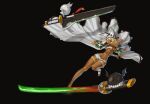  1girl abs absurdres arm_across_neck bandages belt_bra black_background blonde_hair breasts cape clover commentary dark-skinned_female dark_skin english_commentary floating floating_object floating_sword floating_weapon foot_up_heel_up four-leaf_clover full_body guilty_gear guilty_gear_xrd hair_between_eyes hat highres long_hair long_legs lucifero_(guilty_gear) medium_breasts mistcastle multiple_swords multiple_weapons muscular muscular_female navel orange_eyes ramlethal_valentine short_shorts shorts simple_background solo standing standing_on_one_leg stirrup_legwear sword thigh_strap toeless_legwear underboob weapon white_cape 