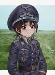  1girl alternate_costume blurry blurry_background brown_eyes brown_hair commentary cross day english_commentary gertrud_barkhorn hat highres huihuang_rongyao iron_cross long_hair military_uniform outdoors solo standing strike_witches twintails upper_body wehrmacht world_witches_series 