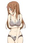  blush bow bow_bra bow_panties bra breast_hold breasts brown_eyes brown_hair brown_panties chuunibyou_demo_koi_ga_shitai! cleavage covering covering_crotch hair_ornament hairclip half_updo large_breasts lingerie long_hair looking_at_viewer navel nibutani_shinka one_side_up panties profile simple_background solo striped takayaki underwear underwear_only vertical-striped_bra vertical-striped_panties vertical_stripes white_background 