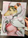  1girl abstract_background animal_helmet bird breasts cape closed_mouth commentary elbow_gloves english_commentary gatchaman gloves green_eyes helmet highres jun_the_swan large_breasts looking_at_viewer marker_(medium) photo_(medium) pink_shirt shirt signature solo stanley_lau swan traditional_media upper_body white_cape white_gloves white_helmet 