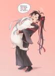  +++ 1boy :d ^_^ animal animal_hug animalization antenna_hair black_boots black_hair black_hanfu blush boots chinese_clothes closed_eyes commentary english_commentary english_text full_body grandmaster_of_demonic_cultivation hair_ribbon hanfu highres holding holding_animal holding_rabbit hug implied_yaoi lan_wangji laughing long_hair long_sleeves lunnita_valdez male_focus open_mouth pink_background ponytail rabbit red_ribbon ribbon robe simple_background smile solo speech_bubble standing wei_wuxian white_rabbit_(animal) white_ribbon wide_sleeves 