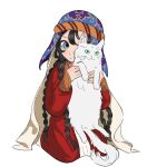  1girl animal black_hair braid cat commentary_request dress green_eyes hijab holding holding_animal holding_cat klp kneeling multicolored_eyes multiple_braids purple_eyes quad_braids red_dress sitara solo tenmaku_no_jaadugar two-tone_eyes veil white_cat white_veil 