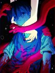  1boy black_eyes black_hair black_sweater_vest blood blood_on_clothes closed_mouth collared_shirt commentary crying crying_with_eyes_open danmuji_07 highres light_bulb looking_at_viewer male_focus omori shirt short_sleeves solo sunny_(omori) sweater_vest tears upper_body white_shirt 