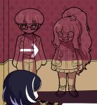  1boy 2girls angry arrow_(symbol) black_hair camouflage clenched_teeth commentary ezra_(project_moon) glasses hair_ornament highres limbus_company long_hair mangamandu meccha_chameleon meccha_chameleon_troll_(meme) meme moses_(project_moon) multicolored_hair multiple_girls pants project_moon shoes smoking_pipe star_(symbol) star_hair_ornament streaked_hair teeth vespa_crabro 