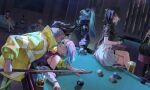  1boy 6+girls absurdres aqua_hair ball beer_mug billiard_ball billiard_table black_gloves black_hair black_jacket blue_hair breasts cheating_(competitive) commentary crossed_legs crossover cup cyberpunk:_edgerunners cyberpunk_(series) david_martinez english_commentary erikvarts female_rover_(perpetual_spark)_(wuthering_waves) female_rover_(wuthering_waves) gloves highres indoors jacket long_hair lucilla_(wuthering_waves) lucy_(cyberpunk) lying lynae_(wuthering_waves) medium_breasts mohawk mornye_(wuthering_waves) mug multicolored_hair multiple_girls on_back on_table pout purple_hair rebecca_(cyberpunk) rover_(wuthering_waves) sideways_glance signature sitting table tacet_mark_(wuthering_waves) wuthering_waves yellow_eyes yellow_jacket 