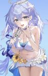  1girl :d bangle bikini blue_hair bow bracelet breasts chain choker cleavage commentary flower green_eyes hair_bow halo head_wings highres holding holding_microphone honkai:_star_rail honkai_(series) jewel_under_eye jewelry large_breasts long_hair low-tied_long_hair microphone navel necklace official_alternate_hairstyle open_mouth raiya_atelier robin_(honkai:_star_rail) robin_(summeretto)_(honkai:_star_rail) sarong smile star_(symbol) star_print starfish sunflower swimsuit untranslatable_commentary very_long_hair white_bikini white_sarong wings 