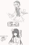  2girls absurdres anger_vein chinese_text closed_eyes commentary_request crossed_arms cup fang flower frilled_skirt frills glass hair_flower hair_ornament hat highres holding holding_cup holding_tray long_hair mahou_shoujo_no_majo_saiban multiple_girls nikaido_hiro open_mouth sakuraba_ema shirt short_hair simple_background skin_fang skirt smile touming_jun translation_request tray vest x_hair_ornament 