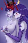  2girls absurdres bite_mark black_sclera breasts colored_sclera commentary_request corruption dark_persona deadsmallbase fingernails genshin_impact highres horns kujou_sara long_fingernails long_hair mole mole_under_eye monsterification multiple_girls naughty_face nipple_stimulation nipple_tweak nipples raiden_shogun yuri 
