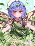  1girl absurdres blue_hair blush butterfly_wings chinese_commentary closed_mouth commentary_request dress eternity_larva fairy falling_leaves green_dress highres insect_wings leaf leaf_on_head looking_at_viewer medium_hair multicolored_dress red_eyes short_hair signature smile solo top-exerou touhou wings yellow_wings 