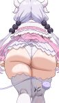 1girl absurdres artist_name ass beads capelet dragon_girl dragon_horns from_behind from_below hair_beads hair_ornament highres horns huge_ass kanna_kamui kobayashi-san_chi_no_maidragon kusabifatal long_hair low_twintails panties solo sphere_hair_ornament tail thick_thighs thighhighs thighs twintails underwear white_background white_panties white_thighhighs 