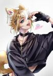  1boy animal_ear_piercing animal_ears black_choker black_gloves black_hoodie black_nails blue_eyes brown_hair choker commentary dog_boy dog_ears dog_tail eyeshadow fang fingerless_gloves genshin_impact gloves gorou_(genshin_impact) hair_between_eyes hair_ornament hairclip highres hood hoodie lj6v6 looking_at_viewer makeup male_focus multicolored_hair open_mouth piercing pink_eyeshadow short_hair solo streaked_hair tail tongue tongue_out tongue_piercing untranslatable_commentary white_hair 