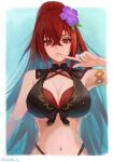  1girl absurdres alternate_color armlet armpits bare_arms bikini black_bikini breasts cleavage commentary_request crossed_bangs female_alear_(fell_child)_(fire_emblem) female_alear_(fire_emblem) female_alear_(seaside_dragon)_(fire_emblem) finger_to_mouth fire_emblem fire_emblem_engage fire_emblem_heroes hair_between_eyes highres jewelry labebebe_lee large_breasts long_hair looking_at_viewer navel official_alternate_color official_alternate_costume official_alternate_eye_color official_alternate_hair_color official_alternate_hairstyle partially_submerged ponytail red_bikini red_eyes red_hair solo stomach swimsuit very_long_hair 
