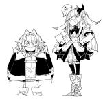  2girls ange_katrina ange_katrina_(1st_costume) animal_on_head armband bird bird_on_head boots closed_mouth coat commentary_request deformed dot_nose feather_hair_ornament feathers flipped_hair greyscale hair_ornament hands_on_own_hips heart heart_in_mouth height_difference jacket knee_boots lize_helesta lize_helesta_(1st_costume) long_hair long_sidelocks long_sleeves looking_at_viewer miniskirt monochrome multiple_girls neckerchief nijisanji on_head open_mouth oshaka_(haguki) sebastian_piyodore sidelocks sketch skirt smile standing thighhighs very_long_hair virtual_youtuber 
