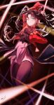  1girl absurdres artist_name asymmetrical_legwear black_gloves black_hair black_shirt black_thighhighs blue_eyes breasts commentary_request earrings fate/stay_night fate/unlimited_blade_works fate_(series) gem gloves highres honkai:_star_rail honkai_(series) hoop_earrings jacket jewelry large_breasts long_hair looking_at_viewer one_eye_closed pendant red_gem red_jacket rin's_pendant_(fate) saber17 shirt single_leg_pantyhose skindentation skirt thighhighs tohsaka_rin tohsaka_rin_(honkai:_star_rail) twintails two_side_up uneven_legwear white_skirt 