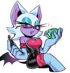  1girl animal_ears animal_nose applying_makeup bare_shoulders bat_ears bat_girl bat_wings blue_eyeshadow boots breasts cleavage cosmetics crossed_legs elbow_gloves eyelashes eyeshadow furry furry_female gem glasses gloves green_eyes green_gem half-closed_eyes holding holding_lipstick_tube lipstick lipstick_tube long_eyelashes looking_at_viewer makeup makeup_brush medium_breasts parted_lips pink_lips red-framed_eyewear rouge_the_bat sa1ka semi-rimless_eyewear simple_background sitting solo sonic_(series) sparkle tail teeth thigh_boots white_background white_gloves wings 