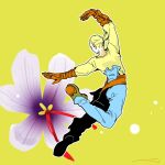  1boy belt blonde_hair blue_pants dancing facing_away final_fantasy final_fantasy_tactics flower gloves green_shoes hand_up male_focus midair mochi_(hanamaruudondesu) mustadio_bunansa orange_belt orange_gloves outstretched_arm pants ponytail purple_flower shirt shoes short_ponytail signature solo yellow_background yellow_shirt 