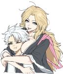  1boy 1girl black_kimono bleach blonde_hair blue_eyes breasts haori highres hitsugaya_toushirou hug hug_from_behind japanese_clothes kimono large_breasts long_hair matsumoto_rangiku mole mole_under_mouth taichou_haori white_hair yy74cf 