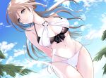  1girl arms_behind_back bare_shoulders bikini black_bikini blue_eyes blue_sky breasts brown_hair cleavage closed_mouth collarbone commentary_request day gakuen_idolmaster hair_between_eyes himesaki_rinami idolmaster large_breasts layered_bikini multi-strapped_bikini_bottom multi-strapped_bikini_top navel outdoors reijisono2 side-tie_bikini_bottom sky smile solo stomach swimsuit white_bikini 