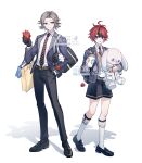  2boys ahoge alternate_costume aotsuki_eito backpack bag bag_charm black_bag black_gloves black_hair black_necktie black_pants black_shoes black_shorts black_socks blue_eyes blue_jacket brown_sweater_vest character_doll charm_(object) chinese_commentary closed_mouth collared_shirt commentary_request commission cup curtained_hair diagonal-striped_clothes diagonal-striped_necktie doll full_body glasses gloves grey_hair grey_necktie hand_in_pocket height_difference highres holding holding_cup holding_stuffed_toy jacket lapels legwear_garter loafers male_focus multicolored_hair multicolored_necktie multiple_boys necktie notched_lapels open_clothes open_jacket open_mouth pants red_hair red_necktie school_bag school_uniform sevenleaves7 shadow shirt shoes short_hair shorts smile socks starbucks streaked_hair striped_clothes striped_necktie stuffed_animal stuffed_rabbit stuffed_toy sumino_takumi sweater_vest the_hundred_line_-last_defense_academy- tie_clip two-tone_hair watermark white_shirt white_socks wing_collar 