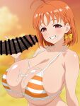  1boy 1girl absurdres after_ejaculation ahoge alternate_breast_size_(larger) armpit_crease bar_censor beach bikini blurry blurry_background blush bow breasts censored collarbone commentary_request cum cum_on_body cum_on_breasts dark-skinned_male dark_skin day erection eyelashes facial hair_bow hand_up hetero highres huge_breasts interracial large_penis large_variant_set looking_at_viewer love_live! love_live!_sunshine!! medium_hair micro_bikini migikoba orange_bikini orange_hair orange_sky outdoors paid_reward_available penis pink_eyes sky smile striped_bikini striped_clothes swimsuit takami_chika upper_body variant_set very_dark_skin yellow_background 