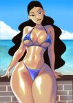  1girl benjicomix bikini black_hair blue_bikini blue_sky breasts brick_wall brown_eyes cloud dark-skinned_female dark_skin day highres kim_possible_(series) long_hair monique_(kim_possible) navel outdoors sky solo swimsuit water 