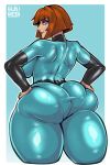  1girl absurdres albinion aqua_bodysuit artist_name ass bodysuit breasts brown_hair danny_phantom from_behind highres looking_at_viewer looking_back maddie_fenton pantylines purple_eyes short_hair solo 