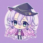  1girl animal_print ankle_boots belly_chain belt_boots black_boots black_hat black_pantyhose blue_eyes boots chibi chibi_only commentary cow_print crescent crescent_earrings double-parted_bangs dress earrings english_commentary film_grain full_body genieart gradient_hair hair_between_eyes hat hat_chain hat_ornament jacket jewelry lock_hat_ornament long_hair long_sleeves looking_at_viewer mismatched_earrings multicolored_hair multiple_necklaces necklace open_clothes open_jacket open_mouth pantyhose pendant phase_connect pink_hair purple_background purple_hair purple_jacket shisui_michiru shisui_michiru_(michiru_1.0) short_dress sleeves_past_fingers sleeves_past_wrists smile solo standing star_(symbol) star_earrings torn_clothes torn_pantyhose very_long_hair virtual_youtuber white_dress witch_hat 