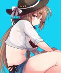  1girl alternate_costume bikini bikini_under_clothes black_bikini black_hat blue_background blue_shorts breasts brown_eyes brown_hair collared_shirt commentary_request denim denim_shorts dress_shirt hair_ornament hairclip hat highres hirune_(konekonelkk) kantai_collection low_twintails medium_breasts shirt shorts side-tie_bikini_bottom sitting solo sun_hat swimsuit tashkent_(kancolle) tied_shirt twintails white_shirt 