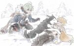  2boys aether_(genshin_impact) ahoge alyosha_(genshin_impact) animal animal_ears animal_nose arm_armor armor black_boots black_fur black_gloves black_pants black_shirt blonde_hair blue_jacket blush boots braid brown_boots brown_cape cape closed_eyes commentary_request day dog dog_ears dog_tail earrings feet_out_of_frame full_body fur-trimmed_boots fur-trimmed_cape fur_trim genshin_impact gloves green_hair hair_between_eyes hands_up hood hooded_cape husky jacket jewelry kotooooo88 laughing licking licking_another's_face long_hair long_sleeves looking_at_another low-braided_long_hair low-tied_long_hair lying male_focus midriff multiple_boys on_back open_mouth outdoors pants pine_tree scarf shadow shirt short_hair short_sleeves shoulder_armor single_braid single_earring sky smile snow snowing squatting star_(symbol) sweat tail teeth tongue tongue_out tree two-tone_fur white_fur white_scarf white_sky winter yellow_eyes 