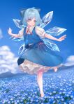  1girl barefoot blue_eyes blue_hair blue_ribbon blue_skirt blue_sky cirno cloud cloudy_sky commentary_request dress flower highres ice ice_wings outstretched_arms reti_atto ribbon skirt sky sleeveless solo standing standing_on_one_leg touhou wings 