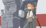  1girl :d a.i._voice absurdres adachi_rei aircraft airplane america_ya_(meme) azumanga_daioh black_pantyhose black_sweater grey_skirt highres jacket meme miniskirt one_side_up open_mouth orange_eyes orange_hair oru_(knktoru) pantyhose parody short_hair skirt smile solo standing sweater utau white_jacket 