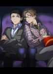  2boys black-framed_eyewear black_eyes black_hair black_pants black_sweater brown_eyes brown_hair closed_mouth commentary_request crossed_arms dress_shirt food glasses green_shirt grey_pants hiraga_keisuke isa_(peien516) male_focus movie_theater multiple_boys odagiri_hidetoshi pants persona persona_3 plaid_clothes plaid_shirt popcorn shirt short_hair sitting sweater t-shirt theater theater_seating watching_movie yaoi 