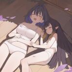 2girls absurdres ass black_hair blue_hair blunt_bangs breasts camisole cleavage closed_eyes colored_inner_hair commentary crop_top drooling falling_petals fang fanged_bangs gradient_hair hands_on_own_stomach highres hololive hololive_english large_breasts long_hair lying midriff mole mole_on_breast mouth_drool multicolored_hair multiple_girls navel ninomae_ina'nis no_pants on_back on_side open_mouth orange_hair ouro_kronii panties petals pointy_ears purple_hair seuhu sidelocks sleeping straight_hair strap_slip tentacle_hair underwear untranslatable_commentary very_long_hair virtual_youtuber white_camisole white_panties 