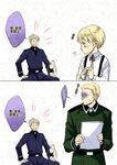  2boys age_progression axis_powers_hetalia blonde_hair blue_eyes child chinese closed_eyes germany_(hetalia) lm_0063 male_focus military military_uniform multiple_boys older open_mouth prussia_(hetalia) silver_hair smile suspenders translated uniform younger 