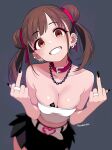  1girl absurdres amaderoka armpit_crease artist_name bare_shoulders belt belt_collar black_skirt blacked_female blush breast_tattoo breasts brown_eyes brown_hair buckle chain chain_necklace choker cleavage collar collarbone cowboy_shot double_bun double_middle_finger ear_piercing eyeliner eyeshadow fingernails grey_background grin hair_bun hair_ribbon heart heart-shaped_buckle highres idolmaster idolmaster_shiny_colors jewelry large_breasts leaning_forward long_hair looking_at_viewer makeup middle_finger midriff miniskirt nail_polish navel necklace piercing pink_belt pink_choker pink_collar pink_eyeshadow pink_ribbon queen_of_spades_symbol race_fetishism race_fetishism_symbol ribbon ring shirt simple_background skindentation skirt smile solo sonoda_chiyoko spade_(shape) spade_tattoo stomach tattoo teeth thighs twintails two_side_up white_belt white_shirt 