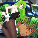  1girl absurdres adjusting_clothes animal_ears ass bare_shoulders black_leotard blush breasts c.c. car code_geass detached_collar fake_animal_ears fake_tail from_behind green_hair highres itasha leotard long_hair looking_at_viewer looking_back medium_breasts motor_vehicle open_mouth pantyhose parted_lips playboy_bunny rabbit_ears rabbit_tail seamed_legwear sideboob smile solo strapless strapless_leotard tail twitter_username wrist_cuffs yellow_eyes yukiooromi 