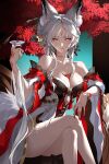  1girl absurdres animal_ear_fluff animal_ears arm_tattoo bare_shoulders black_dress breasts chest_tattoo cleavage closed_mouth commentary crossed_legs cup dress fingernails forehead_tattoo fox_ears fox_girl hair_ornament highres holding holding_cup hsin_(wuthering_waves) i_a_n large_breasts long_fingernails looking_at_viewer nail_polish orange_eyes sitting smile solo tattoo untranslatable_commentary wuthering_waves 