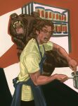  1boy angry animal apron bear blue_apron brown_hair cabinet carmy_berzatto commentary cooking highres kitchen male_focus messy_hair refrigerator shirt stove sunnnliwx the_bear white_shirt 