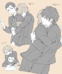  2boys armband black_hair brown_background closed_mouth commentary_request glasses hair_slicked_back hair_undone hiraga_keisuke holding holding_pen hug hug_from_behind isa_(peien516) jacket male_focus multiple_boys multiple_views odagiri_hidetoshi open_mouth pants paper pen persona persona_3 short_hair simple_background translation_request writing 
