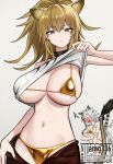  2girls animal_ears arknights arm_under_breasts bikini bikini_under_clothes black_collar blush breasts brown_eyes brown_hair brown_pants cleavage clothes_lift clothes_pull collar commentary_request embarrassed gold_bikini highres indra_(arknights) jamg336 large_breasts lifting_own_clothes lion_ears lion_girl lion_tail multiple_girls navel open_fly open_mouth open_pants pants pants_pull pulling_own_clothes shirt shirt_lift siege_(arknights) simple_background solo_focus studded_collar studs swimsuit tail tail_raised tank_top tiger_ears tiger_girl tiger_tail v-shaped_eyebrows watermark white_background white_hair white_shirt 
