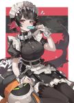  1girl 1other absurdres auua bangboo_(zenless_zone_zero) black_hair breasts candy colored_inner_hair commentary_request ellen_joe eous_(zenless_zone_zero) fins fish_tail food food_in_mouth hair_ornament hairband highres holding holding_candy holding_food large_breasts large_tail looking_at_viewer maid maid_headdress metal_hairband mole mole_under_eye multicolored_hair pantyhose razor_blade_hair_ornament red_eyes red_hair shark_girl shark_tail short_hair sitting spiked_headband tail two-tone_hair zenless_zone_zero 