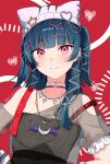  1girl birthday blue_hair blush commentary gimtaro hair_ornament hairclip hat heart highres jewelry long_hair love_live! love_live!_sunshine!! multiple_hairclips necklace red_background red_eyes see-through_clothes solo tsushima_yoshiko twitter_username two_side_up upper_body 