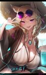  1girl animal_ear_fluff animal_ears arknights bikini blonde_hair blue_nails blue_shorts braid breasts brown_jacket commentary_request cowboy_shot crazy_straw day drink drinking_straw eyewear_on_head fangs hair_ornament hairclip hand_up highres huge_breasts jacket jamg336 jewelry long_hair looking_at_viewer necklace official_alternate_costume open_clothes open_jacket open_mouth outdoors purple-tinted_eyewear purple_eyes revision round_eyewear sagging_breasts short_shorts shorts signature skin_fangs solo striped_bikini striped_clothes sunglasses swimsuit tail tinted_eyewear twin_braids utage_(arknights) utage_(summer_flowers)_(arknights) w white_bikini x_hair_ornament 