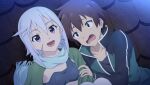  1boy 1girl :d anime_coloring black_jacket black_shirt blue_scarf brown_hair capelet chris_(konosuba) collarbone crop_top diamond_earrings dutch_angle earrings game_asset green_capelet green_eyes green_jacket grey_hair hand_on_another's_shoulder highres jacket jewelry kono_subarashii_sekai_ni_shukufuku_wo! kono_subarashii_sekai_ni_shukufuku_wo!_kono_yokubukai_game_ni_shinpan_o! looking_at_another looking_up multicolored_jacket night non-web_source official_art on_roof open_clothes open_jacket open_mouth outdoors purple_eyes satou_kazuma scar scar_on_cheek scar_on_face scarf self-datamine shirt short_hair side_ahoge sitting_on_roof smile sweat thighhighs tile_roof track_suit two-tone_jacket upper_body variant_set white_thighhighs 