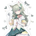  >_< 1girl :d :o animal_ears blush bow bug butterfly cat_ears collar commentary fur_trim gloves green_hair hair_ornament highres kusanagi_nene layered_skirt long_hair looking_at_viewer makka_potato open_mouth outline paw_pose paw_print project_sekai purple_eyes short_sleeves sidelocks simple_background skirt smile solo standing tsurime untranslatable_commentary white_gloves white_skirt xd 