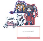  2girls animalization ascot axolotl blonde_hair blue_ascot blush_stickers bonk bow brown_eyes brown_hair closed_eyes closed_mouth deformed dress facing_viewer fan_request fox frilled_bow frilled_hair_tubes frills frown gap_(touhou) gohei hair_bow hair_tubes hakurei_reimu hakurei_reimu_(fox) hand_on_own_hip hat hat_ribbon highres hitting holding holding_gohei l_fzxxxx long_hair marshmallow_(site) mob_cap multiple_girls portal_(object) purple_tabard red_bow red_ribbon red_skirt request_inset ribbon skirt skirt_set smile tabard touhou very_long_hair white_dress white_hat yakumo_yukari yakumo_yukari_(axolotl) 