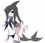  1girl alternate_hair_length_(longer) armpit_peek ball bare_shoulders beachball bikini black_sclera blue_ribbon breasts cetacean_tail chinese_commentary cleavage closed_mouth colored_sclera colored_skin commentary_request dolphi_(funamusea) dolphin_fin dolphin_girl fins fish_tail frilled_thigh_strap funamusea grey_hair head_fins holding holding_ball holding_beachball long_hair looking_at_viewer medium_breasts navel one_eye_closed oounabara_to_wadanohara ribbon simple_background solo squid striped_bikini striped_clothes swimsuit tail thigh_strap white_background white_eyes white_skin wwwmaqima 