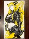  1girl armor belt black_gloves blonde_hair breasts cleavage cleavage_cutout closed_mouth clothing_cutout commentary elbow_spikes english_commentary gloves highres holding holding_sword holding_weapon huge_weapon large_breasts long_hair looking_at_viewer magik's_crown magik_(x-men) marker_(medium) marvel midriff pauldrons photo_(medium) picture_frame shoulder_armor shoulder_spikes single_pauldron sketch solo spiked_pauldrons spikes stanley_lau sword traditional_media weapon white_background x-men 