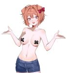  1girl animal_ears blue_eyes bow breasts brown_hair cinmeowi commentary cover cowboy_shot cross cross_pasties denim denim_shorts dog_ears dog_girl doki_doki_literature_club hair_bow highres looking_at_viewer medium_breasts messy_hair navel open_mouth pasties red_bow sayori_(doki_doki_literature_club) self-upload short_hair shorts shrugging solo source_request tape tape_on_nipples topless_female 