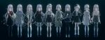  6+girls absurdres alternate_costume barefoot black_background black_hoodie black_necktie black_serafuku black_shirt black_skirt black_thighhighs blazer blood blood_on_clothes blood_splatter chainsaw collared_shirt commentary_request crossbow dress expressionless grey_eyes grey_serafuku hair_over_one_eye hat heterochromia highres holding holding_chainsaw holding_crossbow holding_lead_pipe holding_rope holding_scissors holding_shovel holding_syringe holding_weapon hood hood_up hoodie ima_sugu_rinne_(vocaloid) isekaijoucho isekaijoucho_(artist) jacket kama_(weapon) kamitsubaki_studio kneehighs lead_pipe lineup loafers long_hair looking_at_viewer loose_socks multicolored_hair multiple_girls multiple_persona nata_(tool) neck_ribbon neckerchief necktie noose pinafore_dress pleated_skirt red_eyes red_neckerchief ribbon rope sailor_hat school_uniform scissors serafuku shirt shoes short_hair shovel sickle sidelighting simple_background skirt sleeveless sleeveless_dress sleeveless_shirt socks streaked_hair suspender_skirt suspenders syringe thighhighs tilted_headwear two-handed weapon white_hair white_shirt 